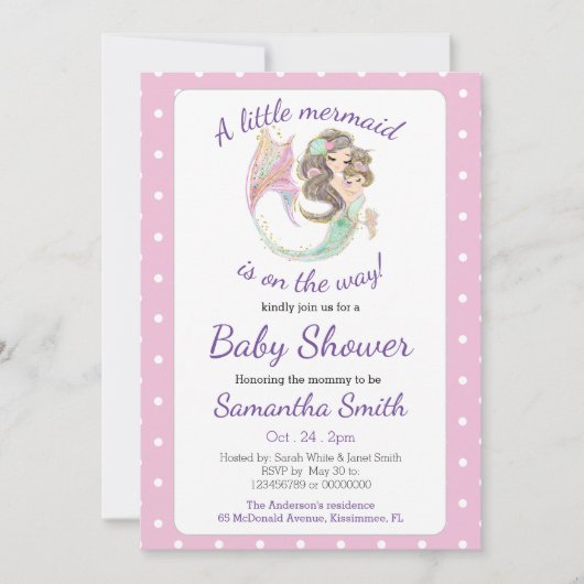 Brown Mermaid Baby Showthema Glitzer Einladung (Vorderseite)