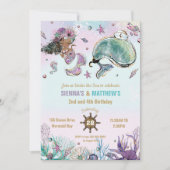 Brown Mermaid Whale Pirate Twins Joint Birthday Einladung (Vorderseite)