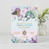 Brown Mermaid Whale Pirate Twins Joint Birthday Einladung (Stehend Vorderseite)