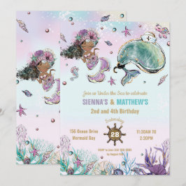 Brown Mermaid Whale Pirate Twins Joint Birthday Einladung