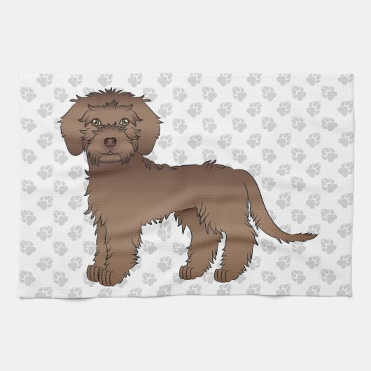 Brown Mini Goldendoodle Niedlich Cartoon Dog & Paw Geschirrtuch (Horizontal)