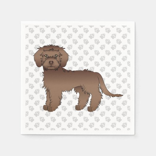 Brown Mini Goldendoodle Niedlich Cartoon Dog & Paw Serviette (Vorderseite)