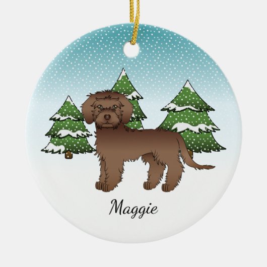 Brown Mini Goldendoodle - Winterwald & Name Keramik Ornament (Vorne)