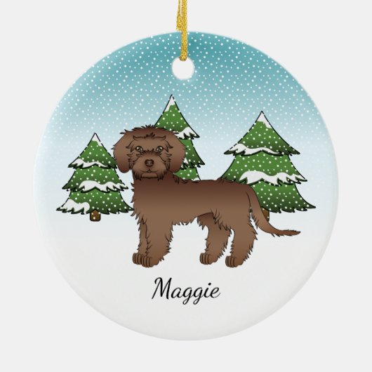 Brown Mini Goldendoodle - Winterwald & Name Keramik Ornament (Hinten)