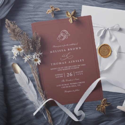 Brown Minimalist Horseshoe Rustic QR Code Wedding Einladung