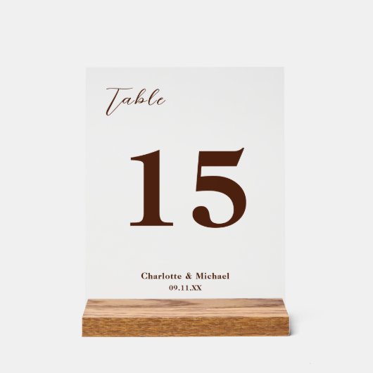 Brown Minimalist Wedding Table Number Acrylschild (Vorderseite)
