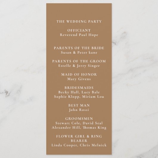 Brown Minimalistisch Calligraphy Timeline Wedding Programm (Rückseite)