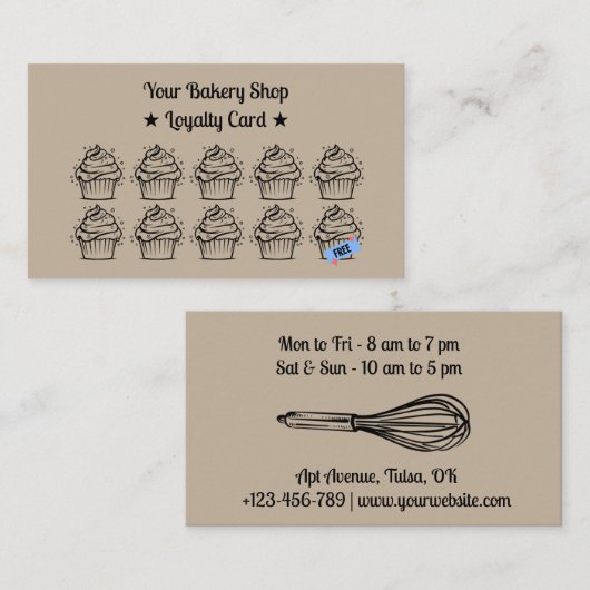Brown Minimalistisch Cupcakes Bakery Loyalty Card Treuekarte (Vorne/Hinten)