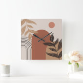 Brown Modern Boho Abstract Botanical Square Clock Quadratische Wanduhr (Zuhause)