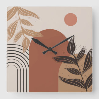 Brown Modern Boho Abstract Botanical Square Clock Quadratische Wanduhr