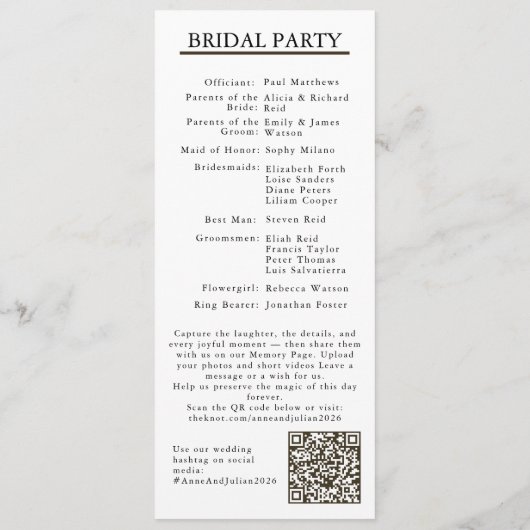 Brown Modern Minimalist Bridal Program QR Code Programm (Rückseite)