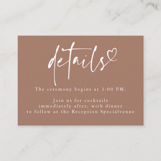 Brown Modern Minimalistisch Heart Wedding Details Begleitkarte (Vorderseite)
