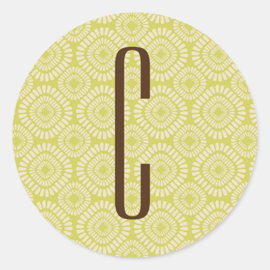 Brown Monogram on Retro Sage Green Pattern Runder Aufkleber (Vorderseite)