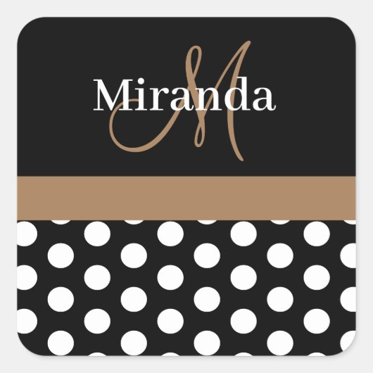 Brown Monogram Schwarz-weiß Polka Dot Quadratischer Aufkleber (Vorderseite)