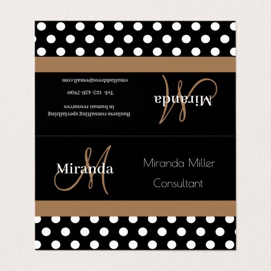 Brown Monogram Schwarz-weiß Polka Dot Visitenkarten (Außenseite Aufgefaltet)