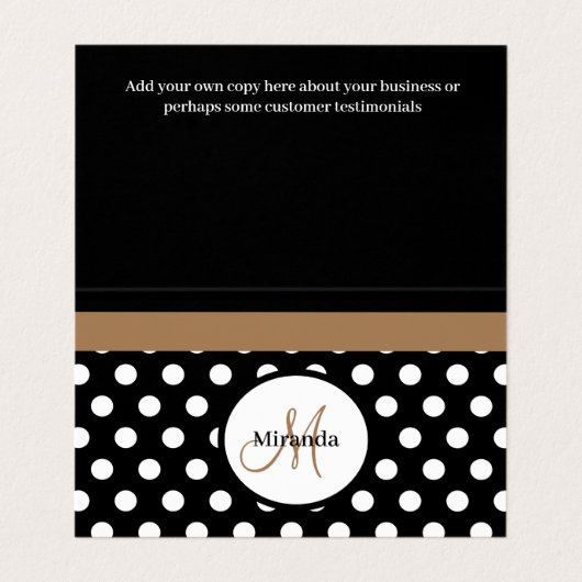 Brown Monogram Schwarz-weiß Polka Dot Visitenkarten (Innenseite Aufgefaltet)