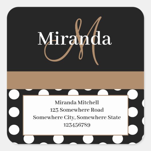 Brown Monogram White Polka Dot Rücksendeadresse Quadratischer Aufkleber (Vorderseite)