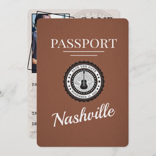 Brown Nashville Passport Save the Date (Vorne/Hinten)