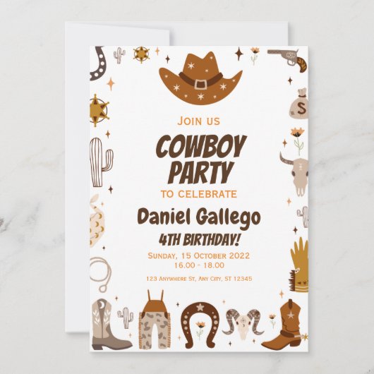 Brown Niedlich Cowboy Birthday Party Einladung (Vorderseite)