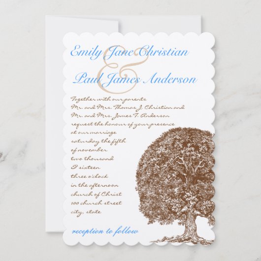 Brown Oak Tree Aqua Blauer Schriftart Einladung Ho (Vorderseite)