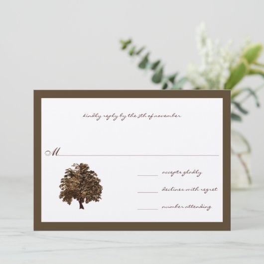 Brown Oak Tree Wedding RSVP Einladung (Stehend Vorderseite)