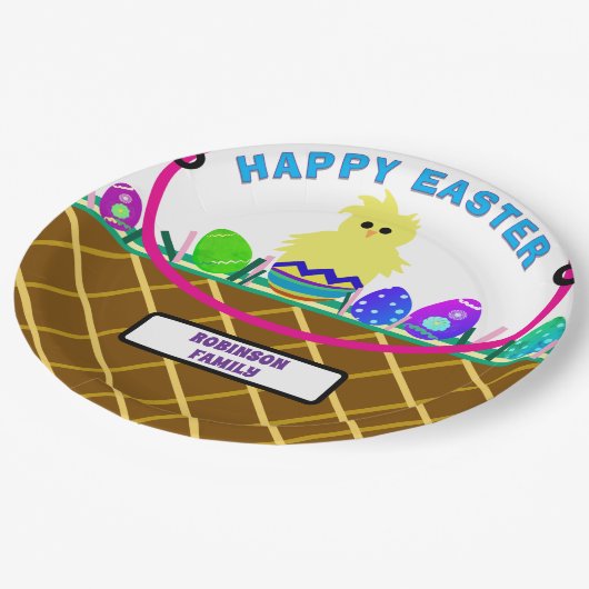 Brown Oaster Basket Yellow Chick Eier Pappteller (Schrägansicht)