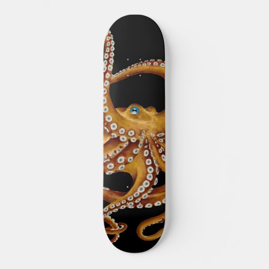 Brown Octopus Blue Eye Black Art Skateboard (Vorderseite)