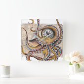 Brown Octopus Vintag Map Compass Quadratische Wanduhr (Zuhause)