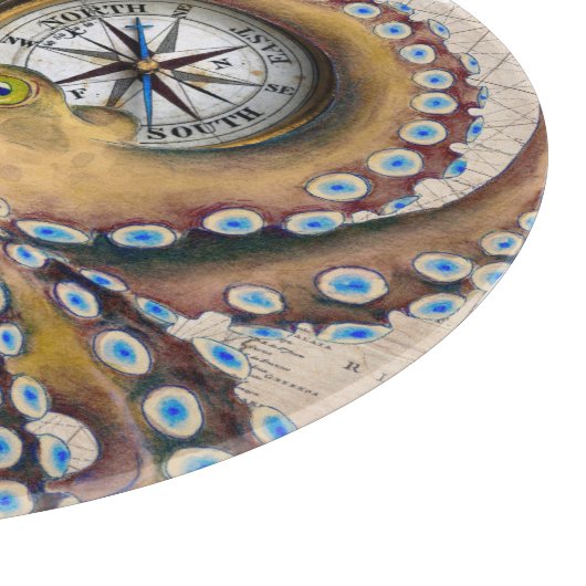 Brown Octopus Vintag Map Compass Schneidebrett (Ecke)