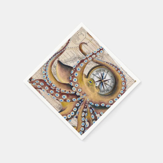 Brown Octopus Vintag Map Compass Serviette (Ecke)
