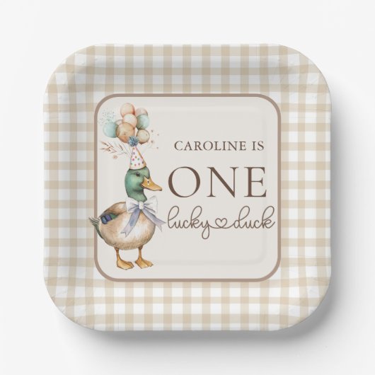 Brown One Lucky Duck Balloon 1. Geburtstag Pappteller (Vorderseite)