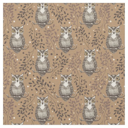 Brown Owl Illustriert Woodland Muster Stoff (Nahaufnahme)