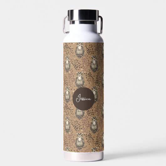 Brown Owl Illustriert Woodland Muster Trinkflasche (Vorne)