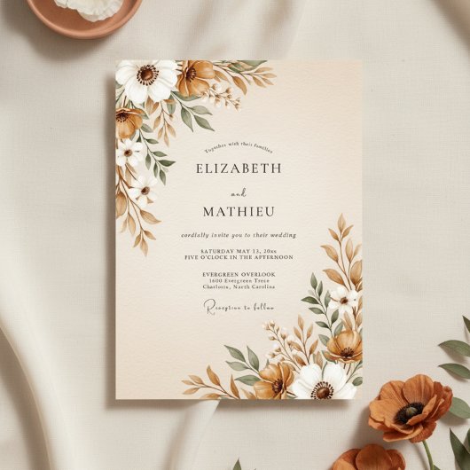 Brown Painterly Floral Flourish Wedding Einladung
