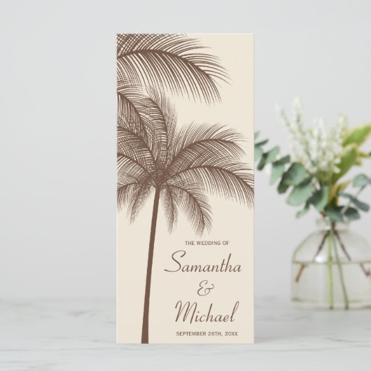 Brown Palm Tree Tropical Wedding Programm (Stehend Vorderseite)