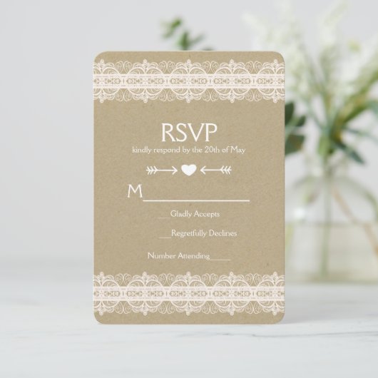 Brown Paper & Lace Natural Rustic Wedding RSVP (Stehend Vorderseite)