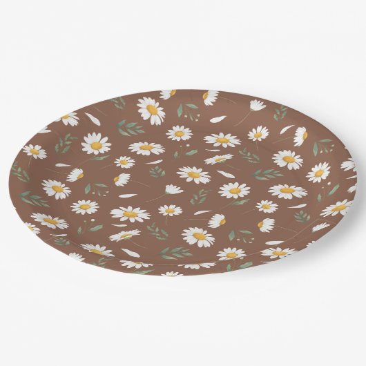 Brown Paper Plate with Daisy Flowers - Birthday Pappteller (Schrägansicht)