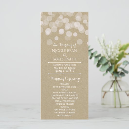Brown Paper Simple Rustic Lights Wedding Programm (Stehend Vorderseite)