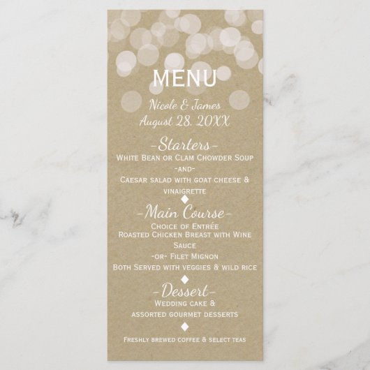 Brown Paper Simple Rustic Lights Wedgemenü Menükarte (Vorderseite)