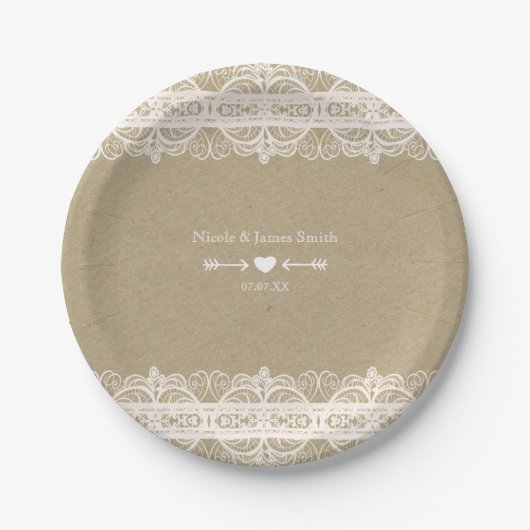Brown Paper & White Lace Natural Rustic Wedding Pappteller (Vorderseite)