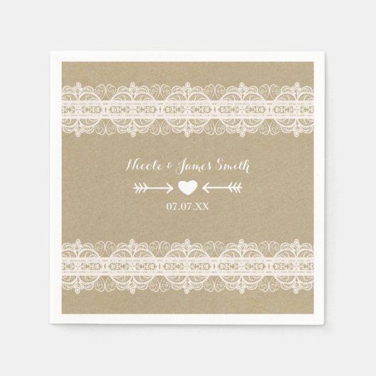 Brown Paper & White Lace Natural Rustic Wedding Serviette (Vorderseite)