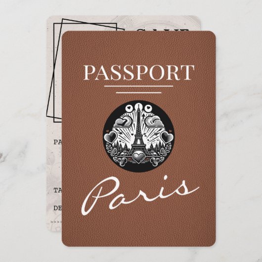 Brown Paris Passport Save the Date (Vorne/Hinten)