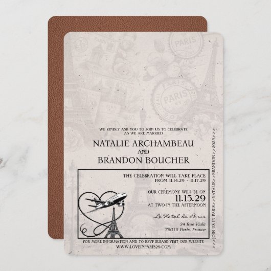 Brown Paris Passport Wedding Einladung (Vorne/Hinten)