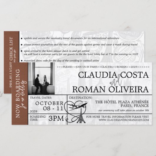 Brown Paris Wedding Boarding Pass (Vorne/Hinten)