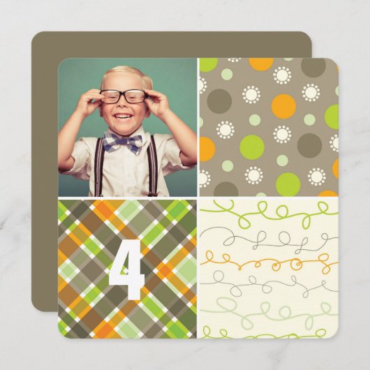 Brown Patchwork Pattern Squares Boy Foto Geburtsta Einladung (Vorne/Hinten)