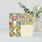 Brown Patchwork Pattern Squares Boy Foto Geburtsta Einladung (Stehend Vorderseite)