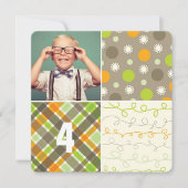 Brown Patchwork Pattern Squares Boy Foto Geburtsta Einladung (Vorderseite)