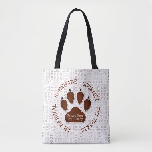 Brown Paw Print and Woof Words Business Name Tasche (Vorderseite)