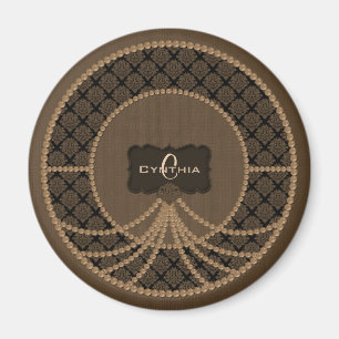 Brown Pearl Damask Round Magnet