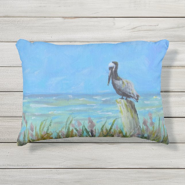Brown Pelican an der Küste Kissen Für Draußen (Vorderseite)